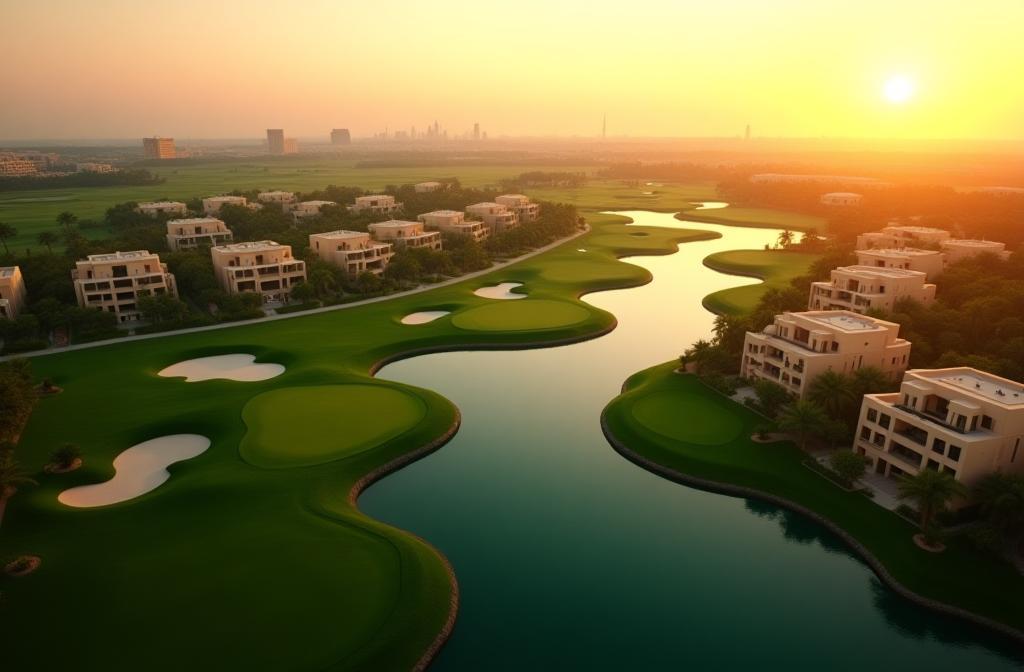 Aerial view of a lush green golf course with luxury villas